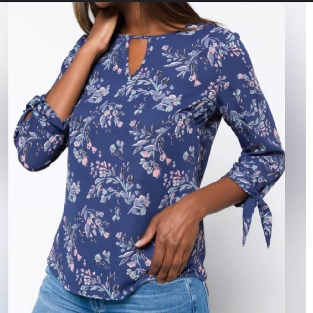 41 Hawthorn Blue Floral Sheer Long Sleeve Tie Wrist Blouse Size S NWT